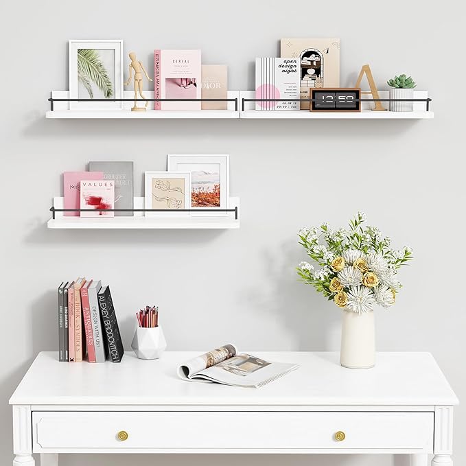 Forbena White Floating Shelves Bathroom Shelves Over Toilet Set of 3, Bathroom Organizers and Storage Shelves Wall Mounted, Modern Wood Corner Wall Shelf for Bedroom Closet -White and Dark Grey-NeatNest