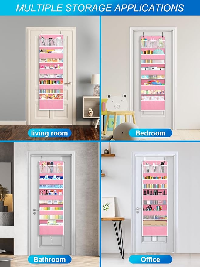 2 Pack Over The Door Organizer, Hanging Storage Organization with Large Capacity Pockets, Swing-Proof Behind Door Storage Shelf for Kicthen Bedroom Nursery Kids Toys Shoes,Pink