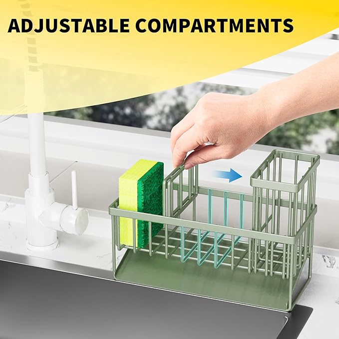 Cisily Kitchen Sink Caddy, Sponge Holder for Kitchen Sink, Kitchen Sink Organzier and Storage with High Brush Holder, 304 Stainless Kitchen Gadgets Sink Accessories, Organizadores de Cocina Sage Green-NeatNest