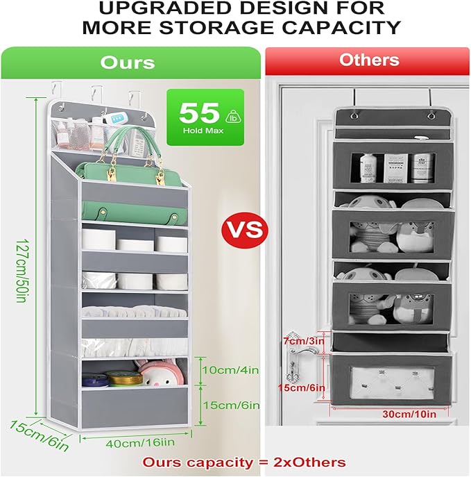2 Pack Over the Door Organizer with 4 Large Capacity Pocket, 55lb Load Heavy Duty Kid's Room Organizer for Diaper Toys Behind Door Hanging Organizers for Bathroom Nursery Baby Closet Organizer
