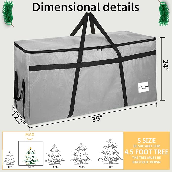 4.5 ft Christmas Tree Storage Bag, Heavy Duty Christmas Tree Bag with Reinforced Handles and Dual Zippers Wide Opening, Large Capacity fits for Artificial Christmas Tree (Grey, 4.5 ft)-NeatNest