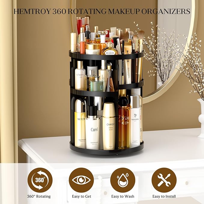 Makeup Organizer 360 rotating, Adjustable Skincare Organizers with Brush Holder, Cosmetics Display Cases for Vanity Bathroom Countertop Large Capacity Carousel Make up Caddy Shelf (Black)-NeatNest