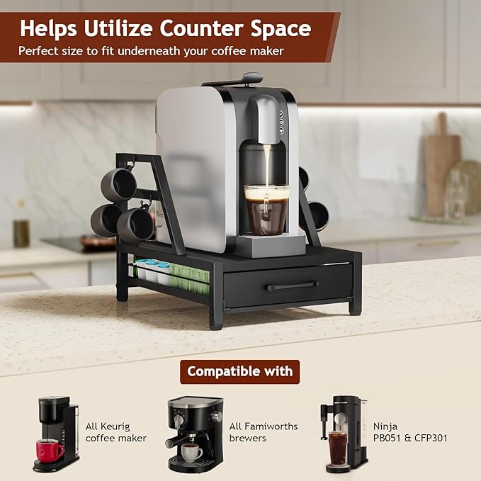 K Cup Holder Drawer - K Cup Storage Organizer, Coffee Pod Drawer with Hooks, Durable Iron-Wood Design, Space-Saving Coffee Station Organizer for Kitchen Counter-NeatNest