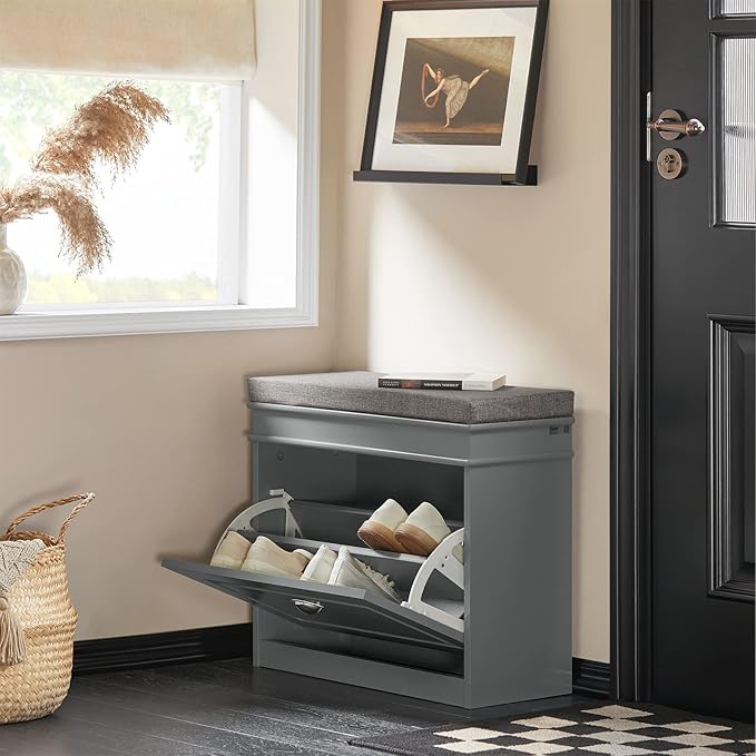 Haotian Grey Hallway Shoe Bench, Narrow Shoe Rack with Adjustable Shelf, Small Shoe Cabinet with 1 Flip-Drawer and Seat Cushion, FSR82-K-HG-NeatNest