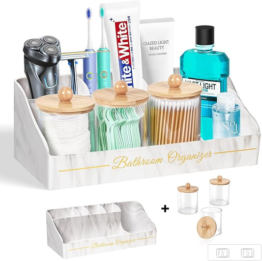 Bathroom Countertop Organizer, Toothbrush Holders for Bathroom with 3PCS Qtip Holder Dispenser and Toothpaste Holder Drainage for Bathroom Accessories Organization Counter Vanity Storage-Marble White