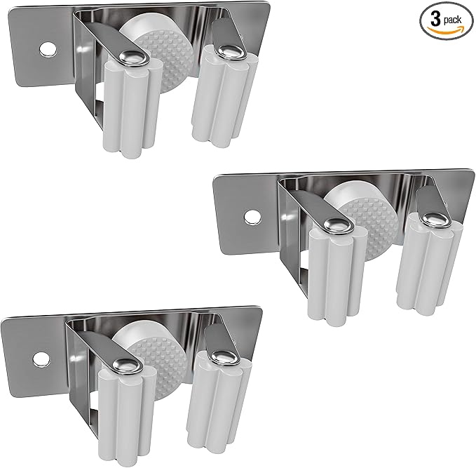 Self Adhesive Broom and Mop Holder Wall Mounted – SUS304 Stainless Steel 2-Slot Organizer with Anti-Slip Rubber Grips, 25lb Load, Adjustable for 0.6–1.4" Handles, Garage Kitchen Bathroom Use, 3 Pack-NeatNest
