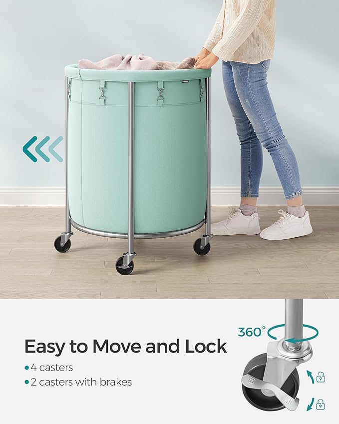 SONGMICS Laundry Basket with Wheels, Rolling Round Laundry Hamper Cart, 45 Gal. with Steel Frame and Removable Bag, 4 Casters and 2 Brakes, Mint Green and Metallic Silver URLS001C01