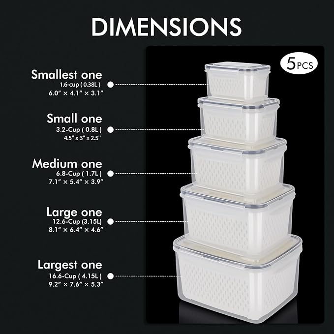 HOTEC 5-Pack Large Fruit Storage Container with Removable Colander, BPA Free Dishwasher & microwave safe Largest 4.15L