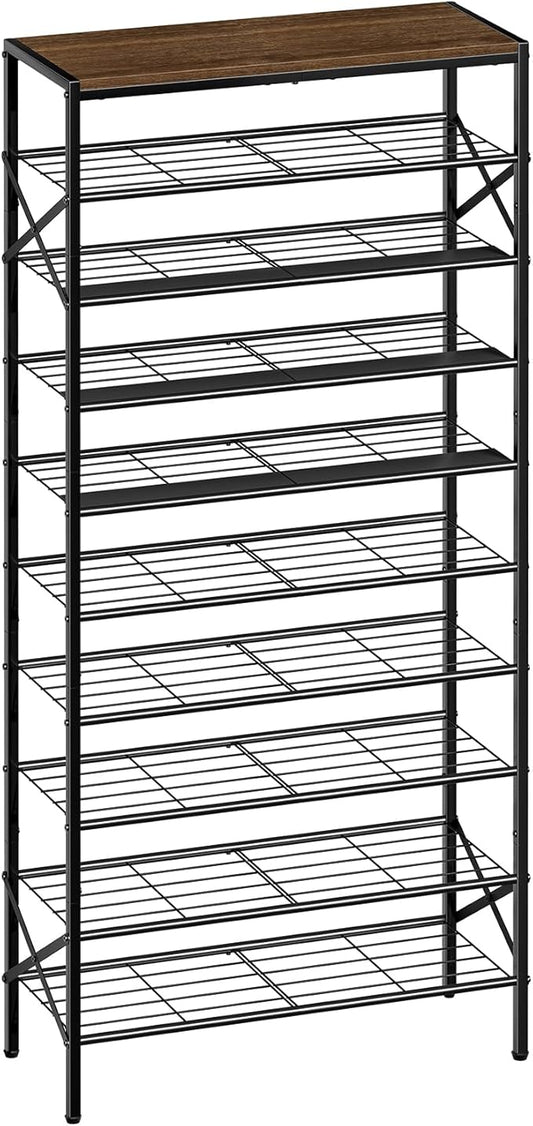 10-Tier Tall Shoe Rack Organizer Shoe Storage for Entryway 30-40 Pairs Metal Shoe Rack for Closet Heavy-Duty Shoe Rack with Wooden Top Shelf for Garage Rustic Brown-NeatNest