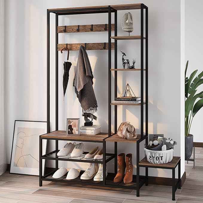 Hall Tree with Shoe Storage Bench Coat Rack with 7 Hooks Interchangeable 4 Tier Side Storage Shelves Small Cute Side Bench Industrial 5-in-1 Entryway Coat Rack for Hallway Mudroom Bedroom