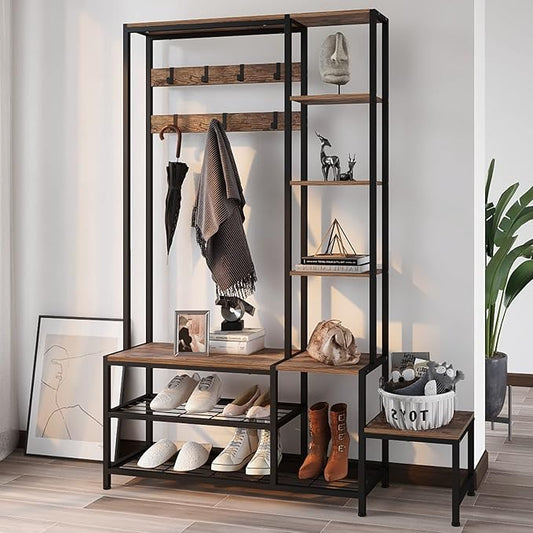 Hall Tree with Shoe Storage Bench Coat Rack with 7 Hooks Interchangeable 4 Tier Side Storage Shelves Small Cute Side Bench Industrial 5-in-1 Entryway Coat Rack for Hallway Mudroom Bedroom