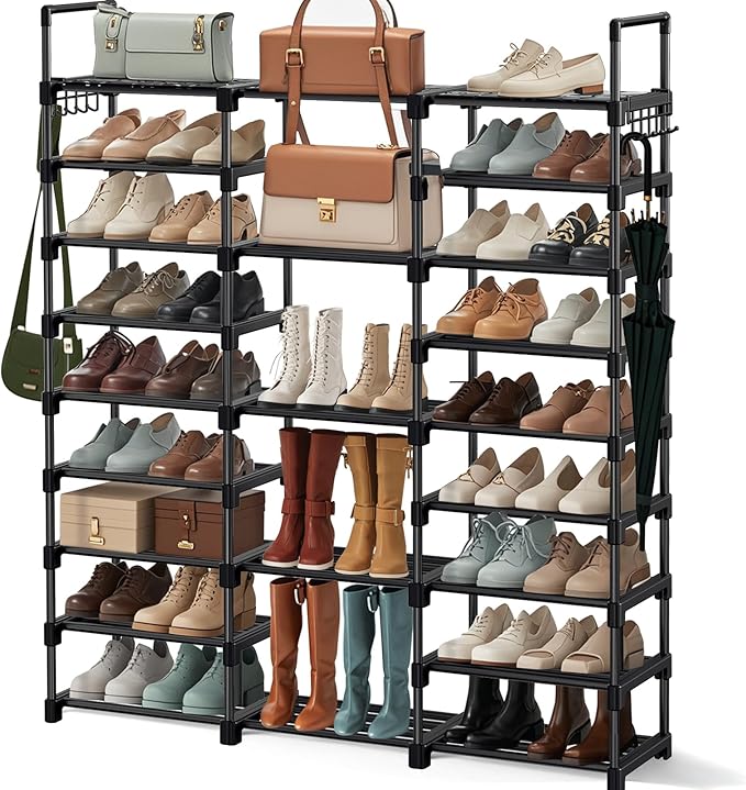 Shoe Rack Storage Shelf Stand Cabinet, 9 Tier Shoe Organizer for Closet Entryway Holds 50-55 Pairs Stackable Space Saving Storage Freestanding Shelf with Hooks-NeatNest