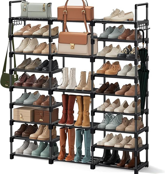 Shoe Rack Storage Shelf Stand Cabinet, 9 Tier Shoe Organizer for Closet Entryway Holds 50-55 Pairs Stackable Space Saving Storage Freestanding Shelf with Hooks-NeatNest