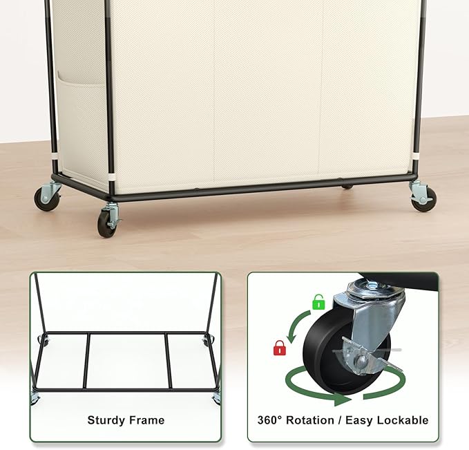 320L Laundry Hamper with Wheels, 3 Section Large Rolling Laundry Basket Bag with Wheels, Clothes Hamper Cart for Laundry, Bedroom, Bathroom and Dorm