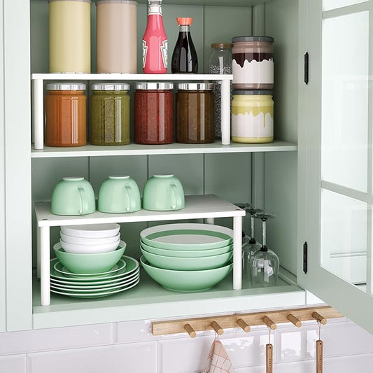 Cabinet Organizer Shelf(Set of 2),Kitchen Counter Shelves,Bamboo Spice Rack Countertop and Cabinet,Stackable Expandable,Large(White)-NeatNest