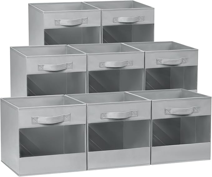 DIMJ Cube Storage Bin, 8 Pack Collapsible Storage Bins, Cube Storage Organizer with Window, Fabric Storage Bins for Shelves, Closet Baskets for Clothes, Toys, Books (Light Grey)-NeatNest