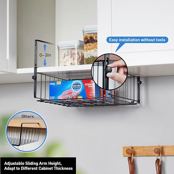 2 Pack Hanging Under Shelf Storage Basket,Adjustable Under Cabinet Add-on Storage Racks Slide-in Baskets Organizer for Laundry Room Kitchen Pantry Desk Bookshelf, Black