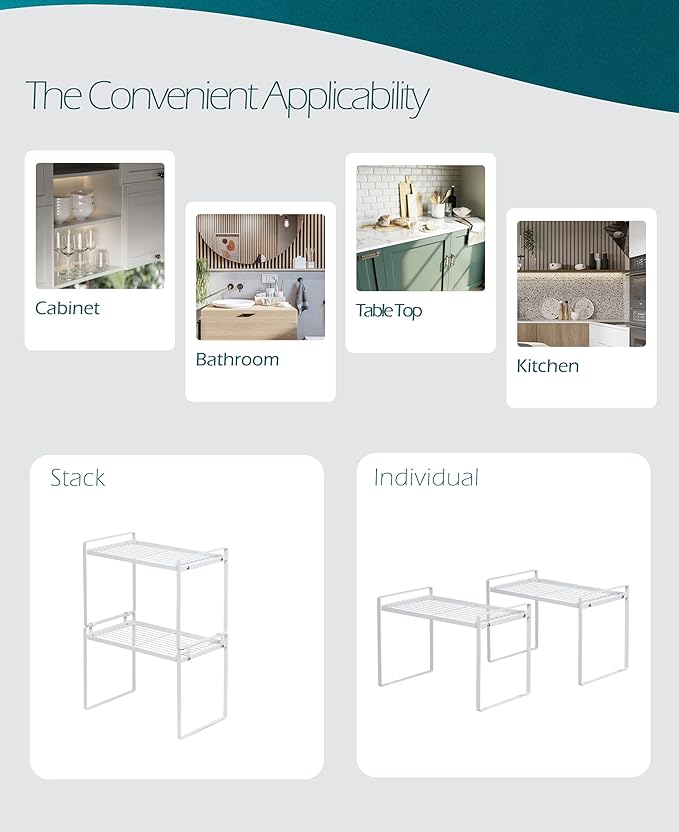 2pk Kitchen Cabinet Shelf Counter Organizer Rack Pantry Storage Bathroom Bedroom Office Table Desk Space Saving Steel Frame Stackable Rust Resistant Non Slip White-Tall- L13in W8.3in H9.5in-NeatNest