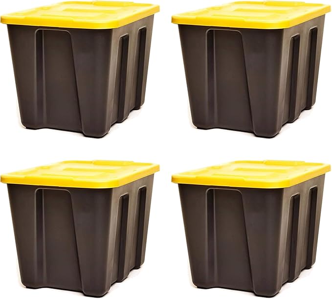 HOMZ 18 Gallon Durabilt Storage Bins, Pack of 4 Heavy Duty Plastic Containers, Secure Snap Lids, Break and Blemish Resistant, Stackable, Nestable, Organizing Totes, Black/Yellow