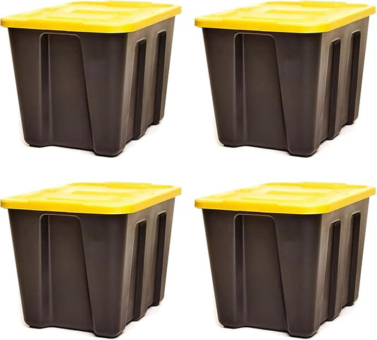 HOMZ 18 Gallon Durabilt Storage Bins, Pack of 4 Heavy Duty Plastic Containers, Secure Snap Lids, Break and Blemish Resistant, Stackable, Nestable, Organizing Totes, Black/Yellow