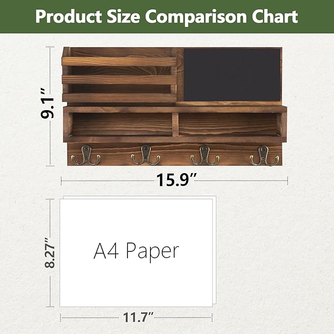 Key Holder for Wall, Wall Mounted Mail Holder Wooden with Shelf & 3 Liquid Chalks & Chalkboard, Mail Sorter Organizer, Rustic Home Decor (15.98”W x 9.1”H x 3.3”D), Burnt Brown