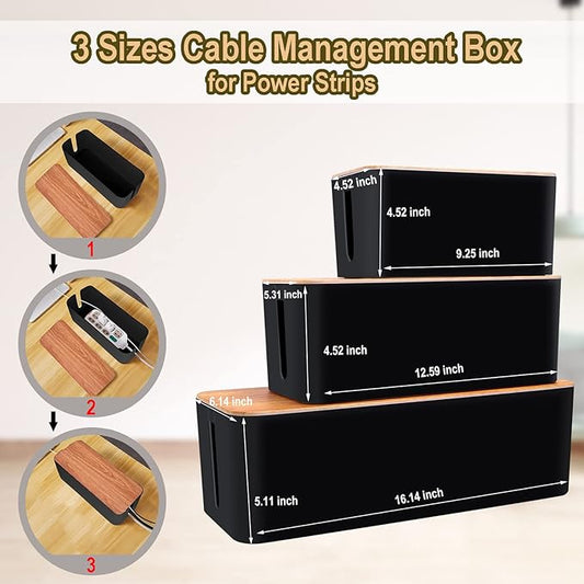 Cable Management Box 3 Pack with 125PCS Cable Management Kit for Power Strip to Hide Wires,Cord Organizer Boxes,Safe ABS Material Wire Organizer of Cable Clips Sleeve for Home & Office-NeatNest