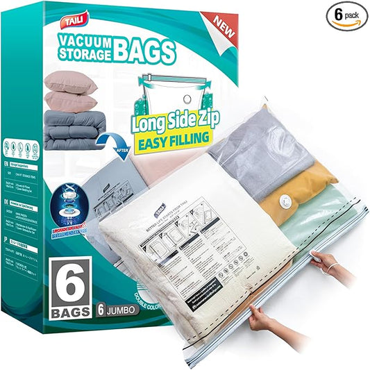 TAILI 6 Pack Vacuum Storage Bags, LONG SIDE ZIP (39x28 inch), Vacuum Seal Bags for Clothing, Jumbo Storage Space Saver for Beddings, Comforters, Blanket, Pillows and Clothes-NeatNest