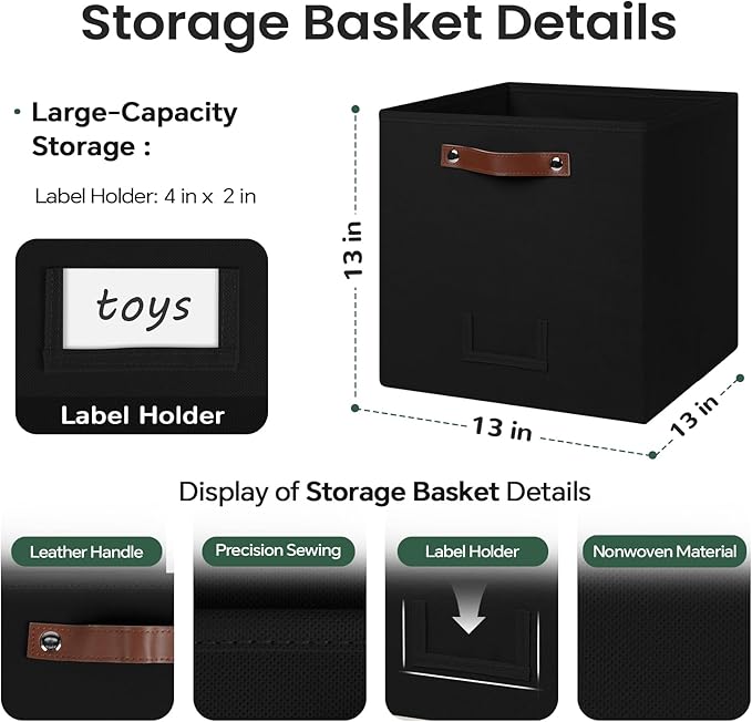 6-Pack Collapsible Fabric Storage Cubes with Handles & Label Holders, Closet Cube Home Organizer Bins (Black, 13 x 13 x 13 inch)