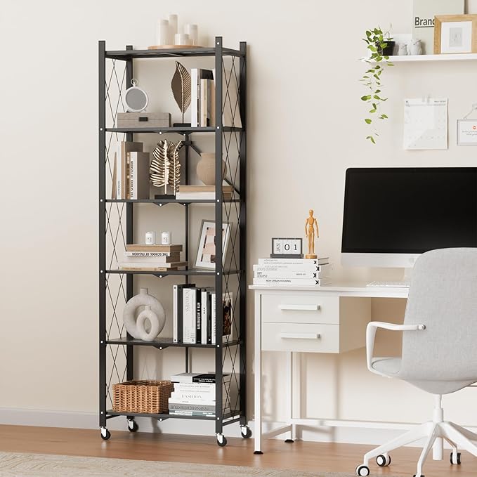 ALANNG 73.6 Inch Folding Bookshelf, 6 Tier Metal Bookcase and Bookshelves, Tall Shelves for Living Room Office Bedroom, Heavy Duty Book Shelve Free Standing Open (Black, 1PACK)