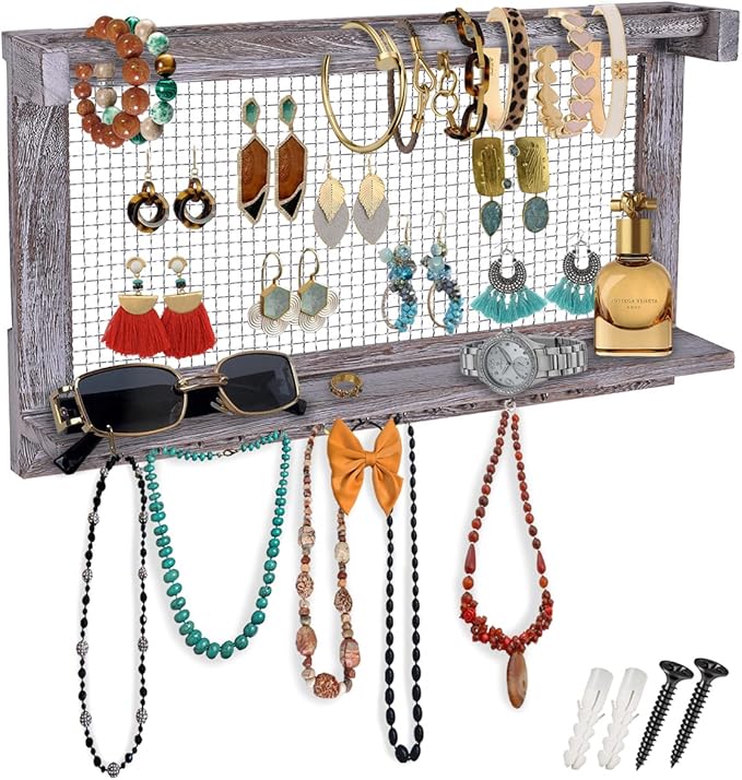 Comfify Rustic Jewelry Organizer – Wall Mounted Jewelry Holder w/Removable Bracelet Rod, Shelf & 16 Hooks – Perfect Earrings, Necklaces & Bracelets Holder – Rustic White-NeatNest