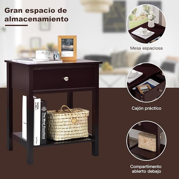 Giantex Nightstand, Wood End Table with Drawer and Open Shelf, Night Stand for Small Spaces, 2-Tier Bedside Table for Living Room Bedroom Dorm, Easy Assembly, Brown