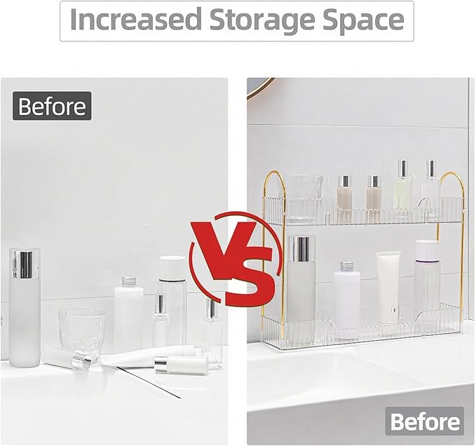 YCIA&DONE 2 Tiers Narrow Vanity Makeup Organizer, Bathroom Organizer Countertop Slim, Perfume Holder Skincare Storage Cosmetic Shelf Spice Rack, for Small Desktop Space, White Clear-NeatNest