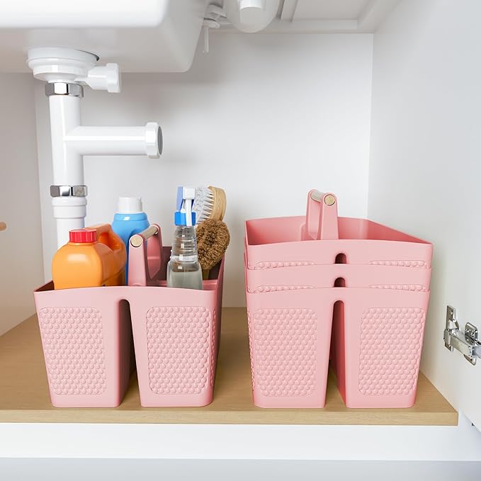 Shower Caddy Portable and Cleaning Caddy Organizer for Bathroom, Kitchen, Toiletries Storage ，Caddy organizer with handle, Rust-Resistant, Durable Material (Pink, 9.36" L×7.73" W×7.24" H)-NeatNest