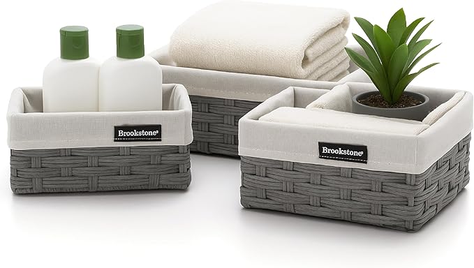 Brookstone Wicker Shelf Storage Basket Decorative Shelf Bin, bathroom organizers and storage, Boho Living Room Decor, Summer Storage 2025-3 Piece Set-NeatNest
