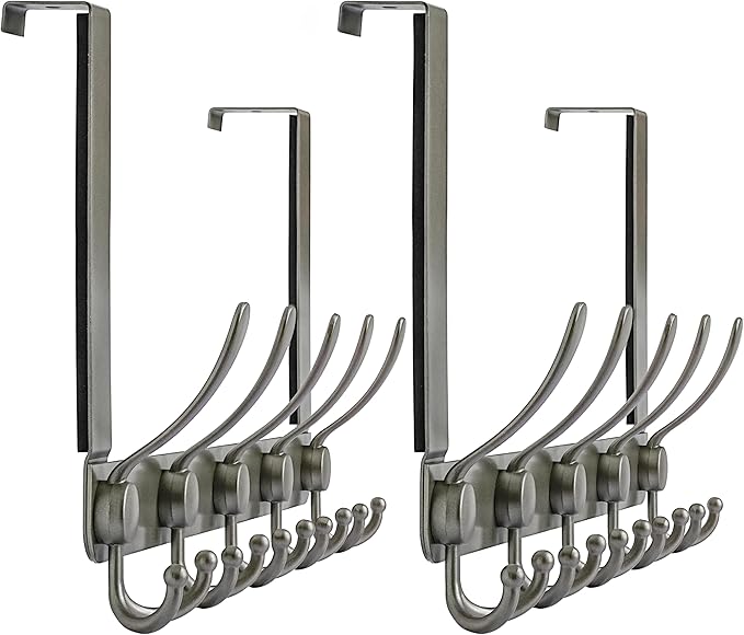 Dseap Over The Door Hook Hanger - 5 Tri Hooks, Heavy Duty Over The Door Towel Rack Coat Rack for Clothes Hat Towel, Grey, Pack of 2