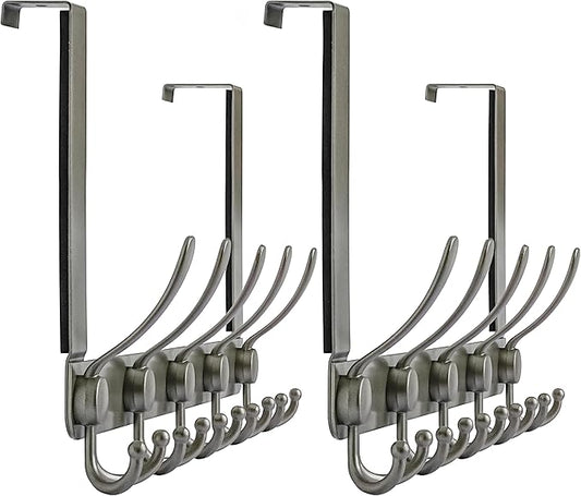 Dseap Over The Door Hook Hanger - 5 Tri Hooks, Heavy Duty Over The Door Towel Rack Coat Rack for Clothes Hat Towel, Grey, Pack of 2