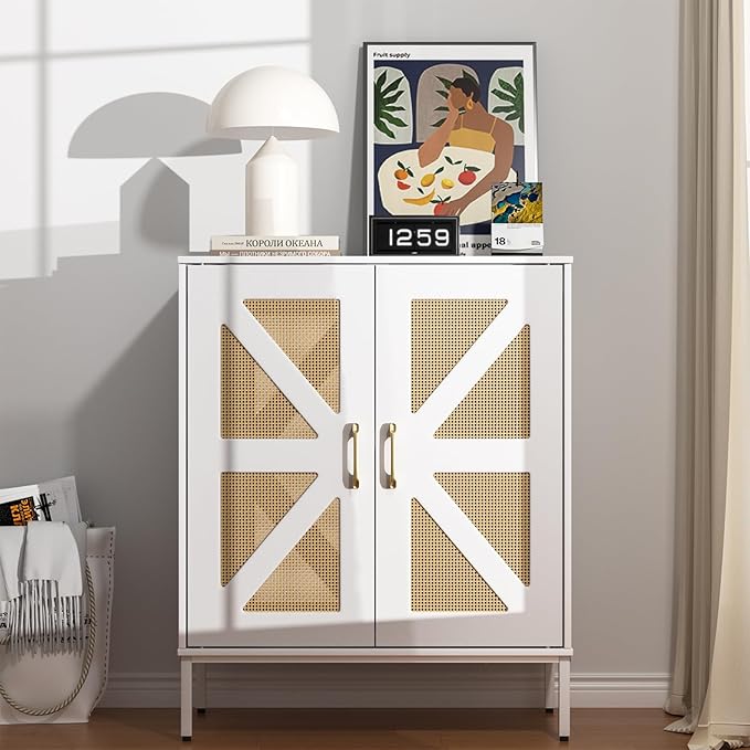 Buffet Cabinet White with Storage, Rattan Sideboard with Doors & Shelves, Accent Buffet Console Table 32.9" Media Console Mid Century Coffee Bar Table for Living Room Kitchen Dining Room-NeatNest
