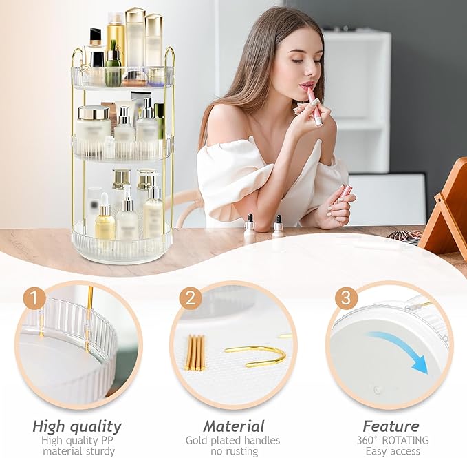 360 Rotating Makeup Organizer for Vanity,3 Tier Large Capacity Skincare Organizers,Bathroom Counter Organizer, transparent Spinning Perfume & Vanity Organizer (White, 3 Tier)-NeatNest