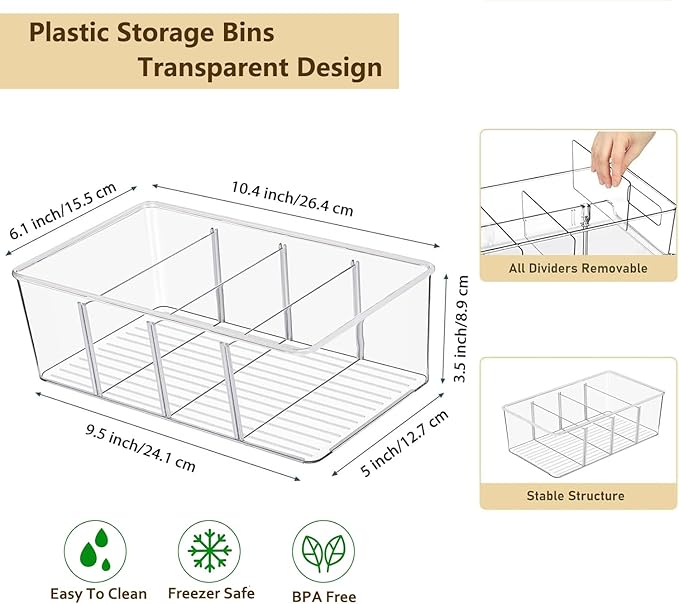 8 Pack Refrigerator Organizers and Storage,Clear Plastic Storage Bins with 3 Dividers for Pantry,Kitchen,Fridge Organization and Storage,Snack Containers for Spice Packets,Tea bag organizer-NeatNest