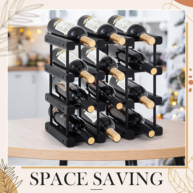 Juexica 1 Pcs 12 Bottles Wooden Wine Rack for Inside Cabinet Stackable Countertop Modular Wine Storage Rack DIY Assembly Bottle Holder for Cellar (Black Color)