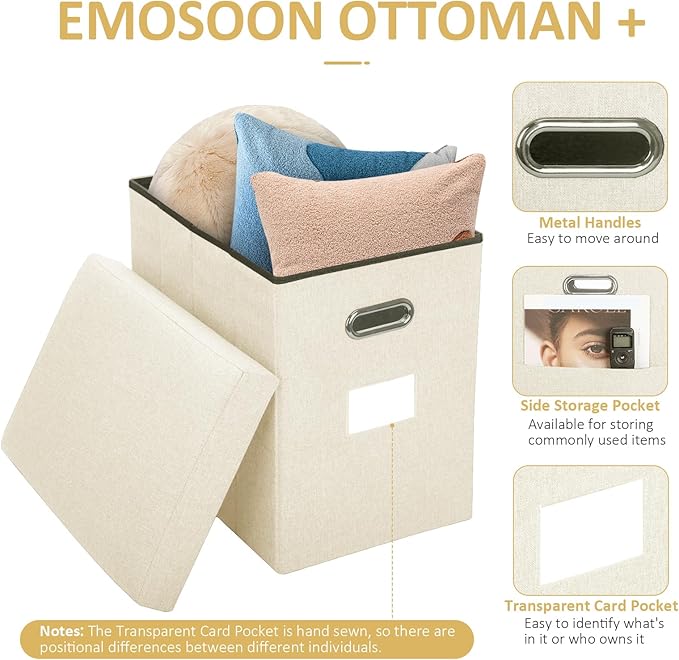Tall Ottoman with Storage Collapsible Fabric Small Slim Folding Ottoman Furniture with Handles Lid for Room Footrest Foot Stool Linen Beige 16.5x16.5x11.8in