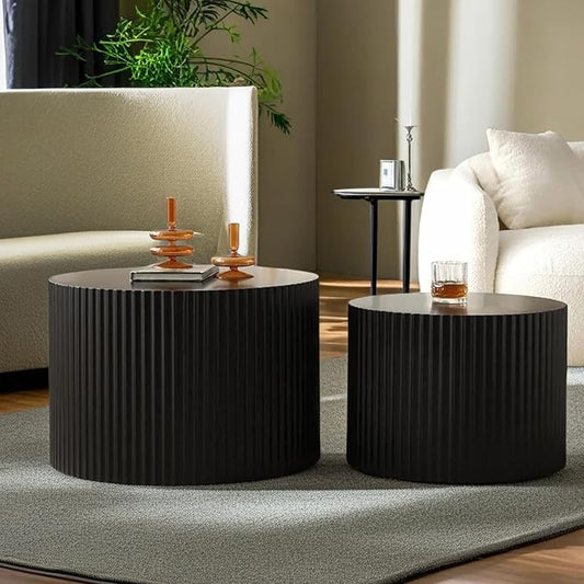 Modern Round Nesting Coffee Table Set of 2, Vertical Stripe Design Drum Coffee Table Cocktail Table, Round Side Table for Living Room, Bedroom, Office, Balcony (D19.7+27.6")