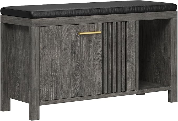 40" Shoe Storage Bench with Flip Drawers & Padded Seat Cushion, Adjustable Shelf, Slatted Doors Entryway Bench Shoe Cabinet with Bench for Entryway Living Room Bedroom, Oak Grey