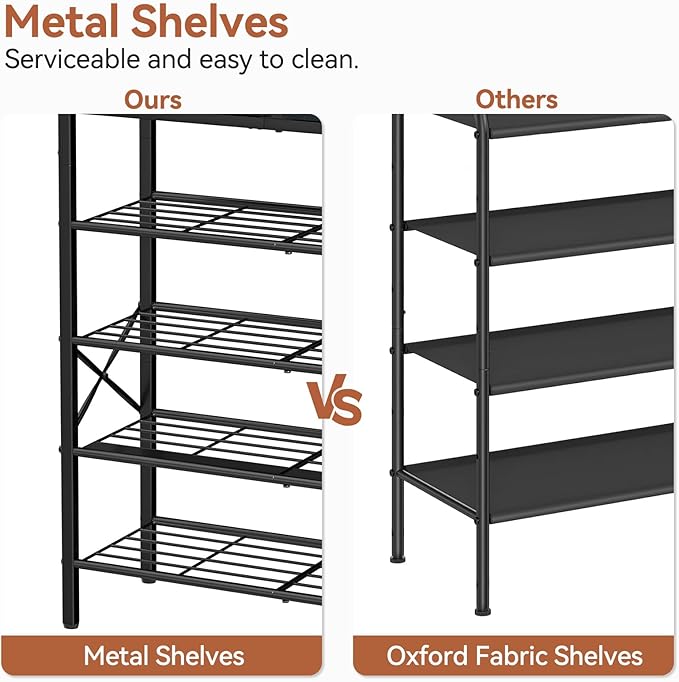 Shoe Rack for Entryway, 5 Tier Shoe Organizer with 2 Non-Woven Drawers, Metal Storage Shoe Shelf for 16-20 Pairs of Shoes, with Wooden Top and Steel Frame, Shoe Stand for Closet Black Grey-NeatNest