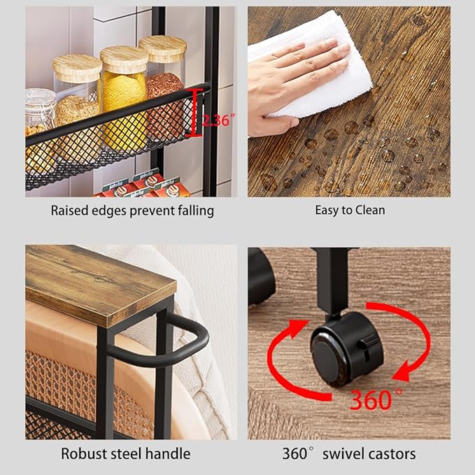 Slim Rolling Cart 4 Tier Narrow Storage Cart on Wheels with MDF Board Top and Metal Handle for Small Space Kitchen Living Room Home Office Pantry Bathroom Laundry Room(16.54×5.12×30.31 inch)
