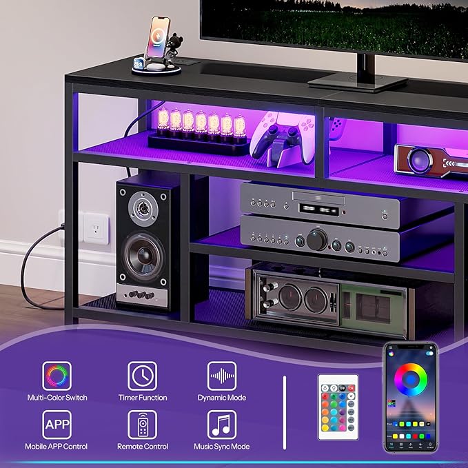 HOOBRO LED TV Stand with Charging Station, 4-Tier Entertainment Gaming Center, Modern Media Console Table, Open Shelves, 55.1"L x 13.8"W x 26.2"H, for TVs up to 65", for Living Room, Black BB47UDDS01-NeatNest