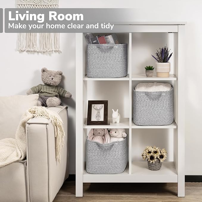 INDRESSME Woven Storage Basket, Multi-Use Organizer for Bathroom, Storage Bin for Baby Nursery & Laundry, Rope Basket for Toys & Diapers, Grey, 13 x 10 x 9 Inches