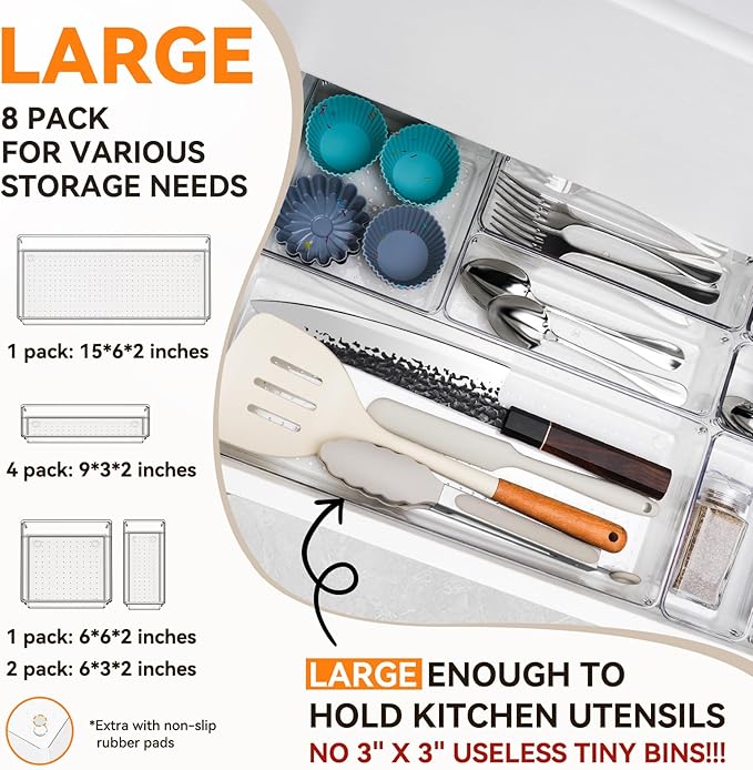 Criusia Utensil Drawer Organizer for Kitchen, 8 Pack Silverware Organizer Utensil Holder, Clear Plastic Drawer Dividers for Flatware, Cutlery, Kitchen Gadgets Accessories, Organizador de Cocina-NeatNest