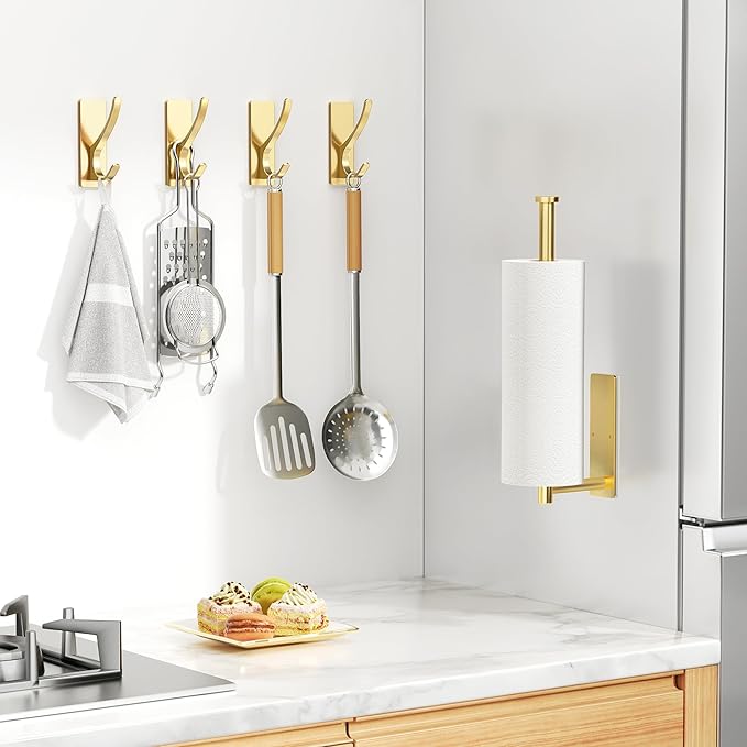 Gold Self Adhesive Towel Hooks, Extra Sticky and Strong 10LB, Stainless Hook for Bathroom, 4 Pack