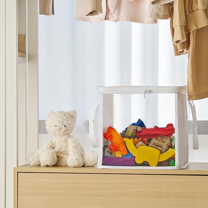 holay 2 Pack Storage Bins PVC Boxes with Transparent Lid & Handles - Durable & Foldable - Multi-Purpose Organizer for Clothes, Books, and More (White, Large)-NeatNest